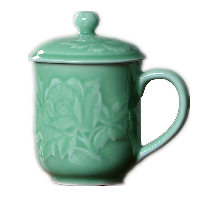 Handmade Celadon Teacups 13oz Coffee Mugs with Lid Porcelain Cups Embossed with Peony Chinese Celadon(01-Green) - Image 1